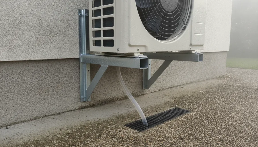 Unité extérieure de pompe à chaleur surélevée sur console contre une maison à Clermont