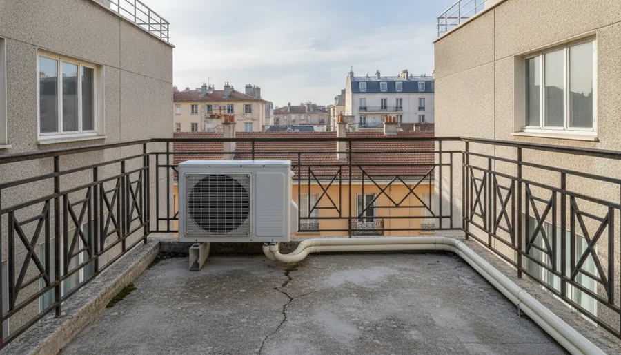 Unité extérieure de pompe à chaleur air/air posée sur un balcon d'appartement à Sarcelles