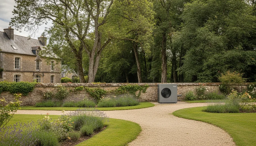 Unité extérieure de pompe à chaleur dissimulée en fond de jardin dans le centre historique de Senlis